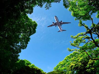 flyvemaskine på blå himmel med grønne træer omkring