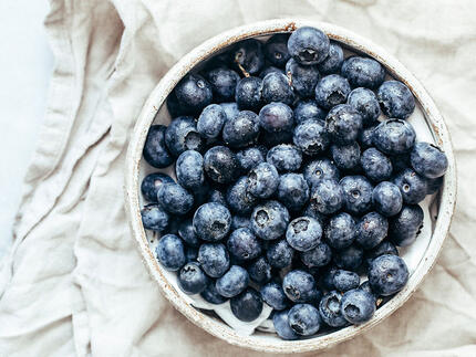 Friske blåbær ligger i en skål på bord med dug på. 