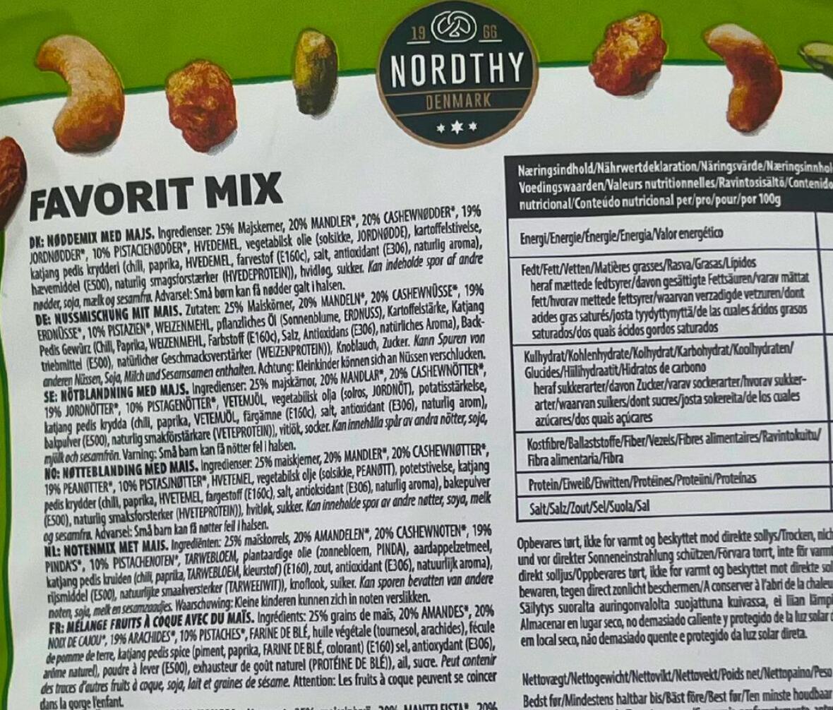 Billede af ingredienslisten på bagsiden af Nordthys favorit mix