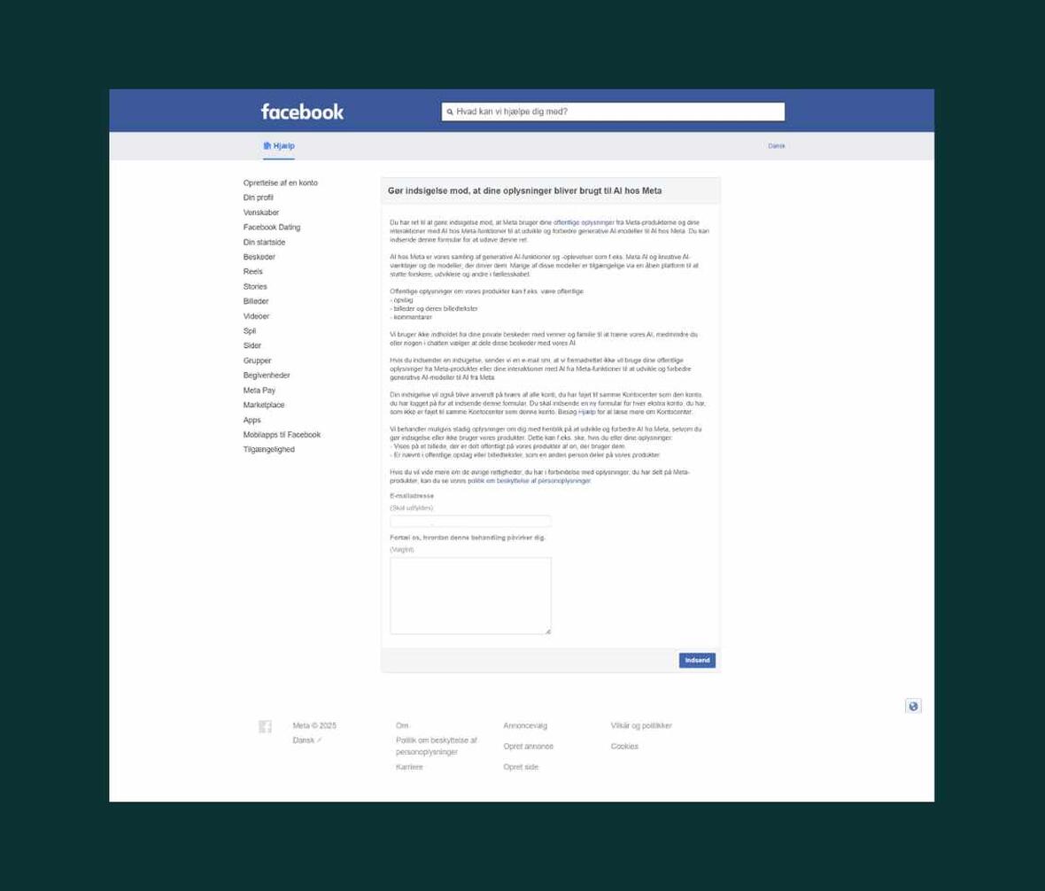 screenshot af formular fra Meta om AI