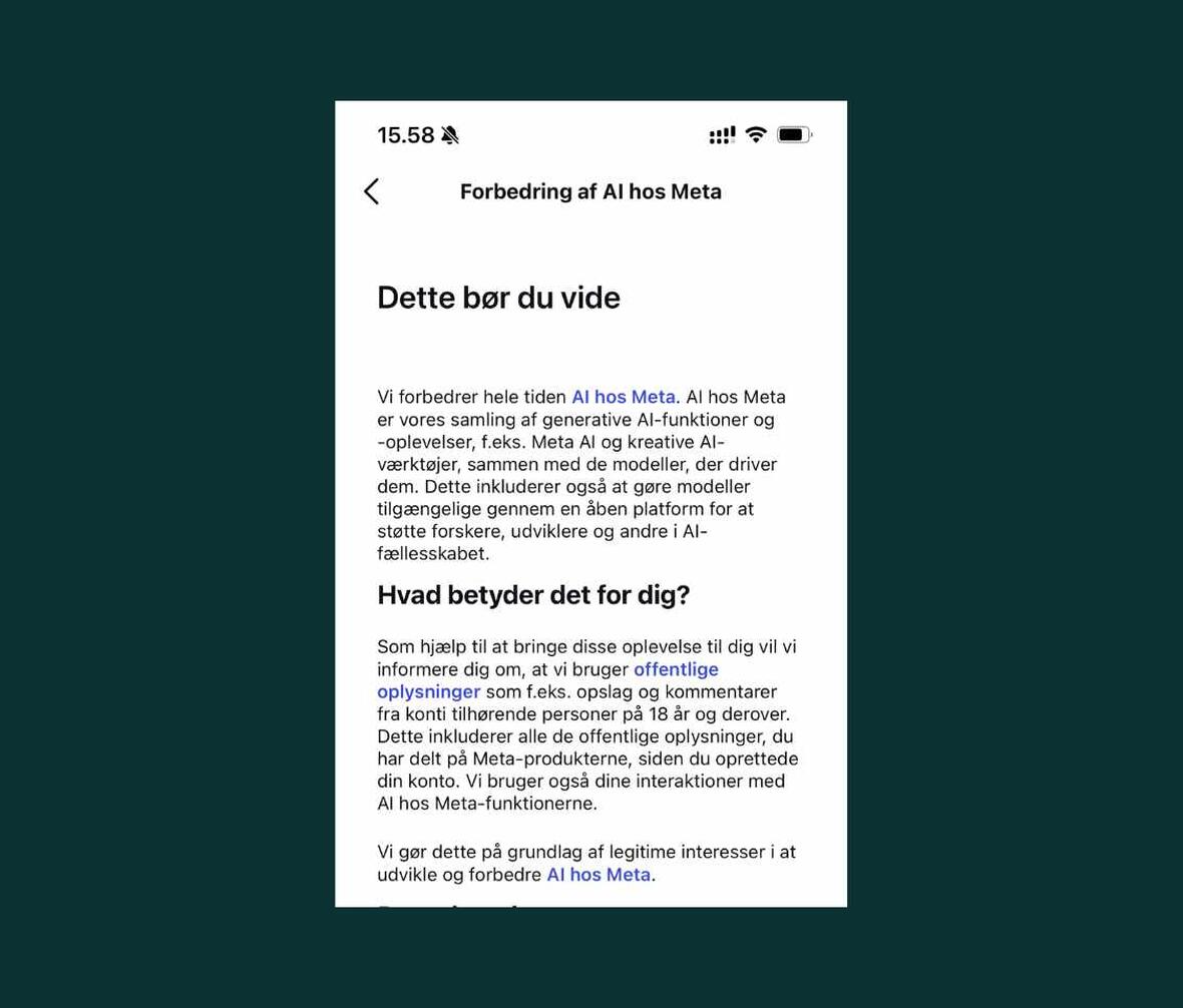 screenshot af kommunikation fra Meta om AI