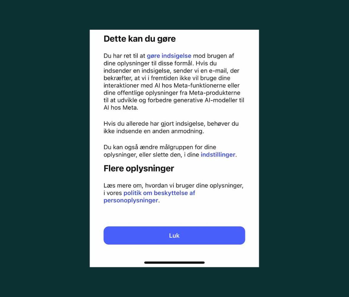 screenshot af kommunikation fra Meta om AI