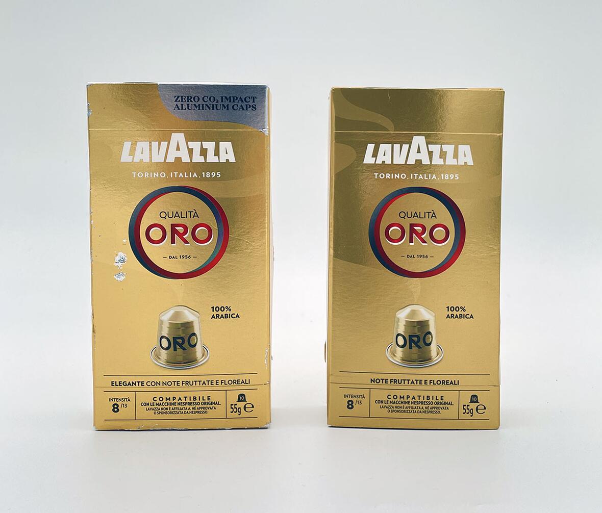 To pakker kaffekapsler fra Lavazza