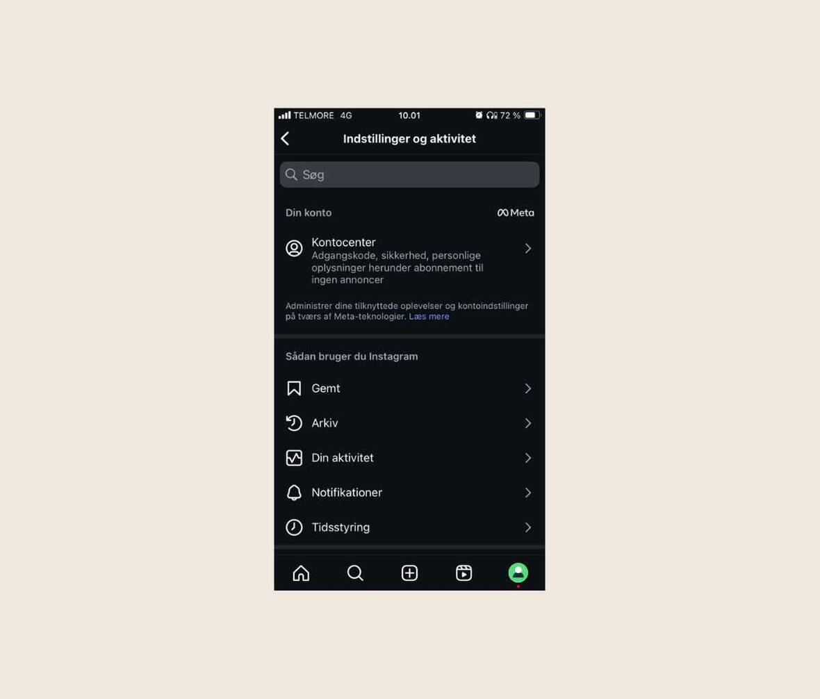 Screenshot af indstillinger i Meta app