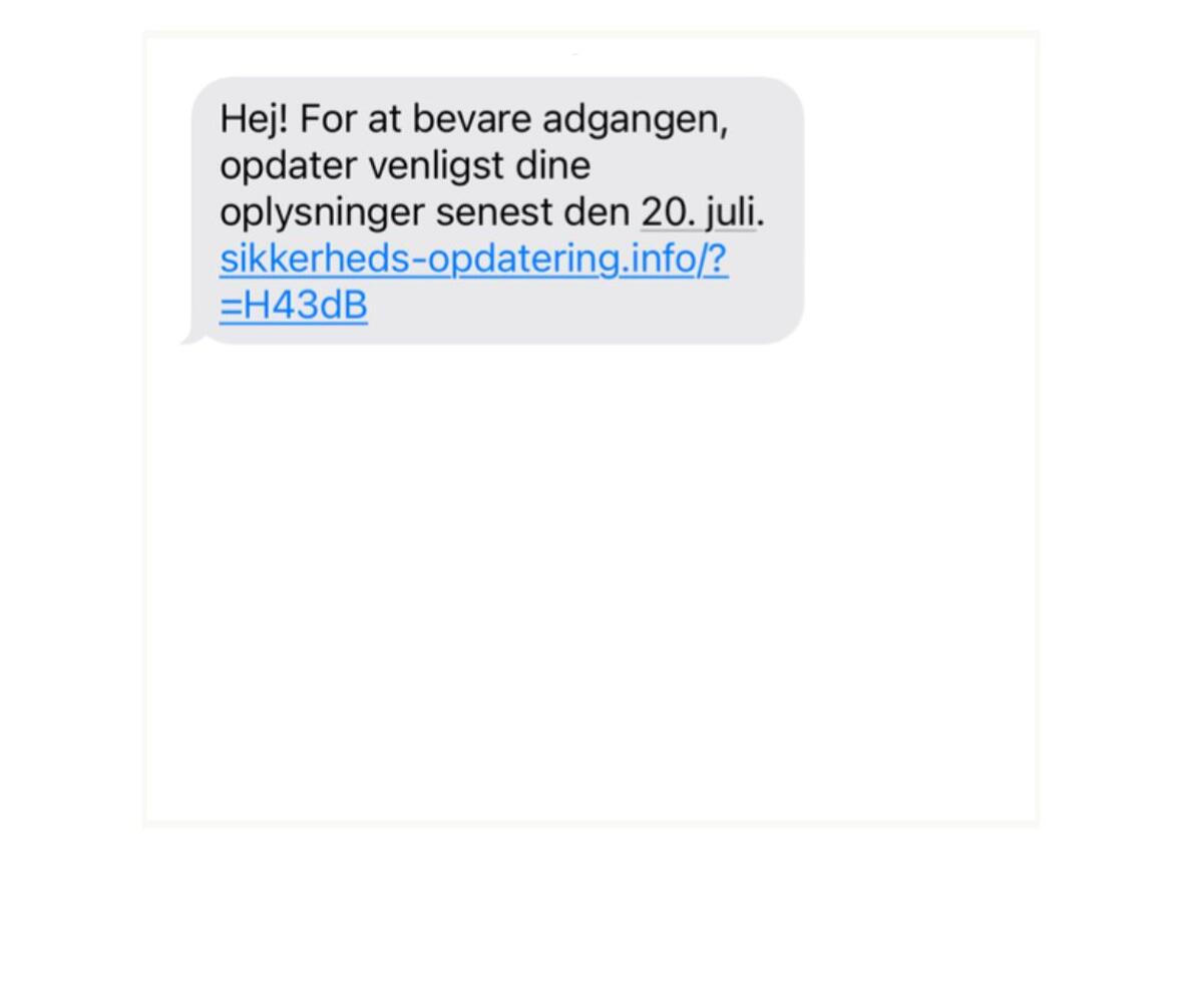 Falsk sms, hvor der står "Hej! For at bevare adgangen. opdater venligst dine oplysninger"