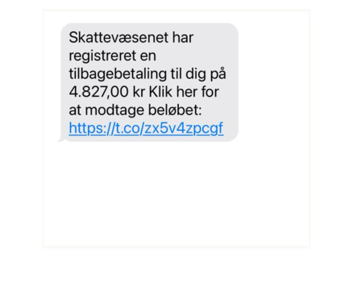 Falsk besked fra Skattevæsenet om, at du har ret til en tilbagebetaling og du skal klikke på et link for at modtage beløbet.