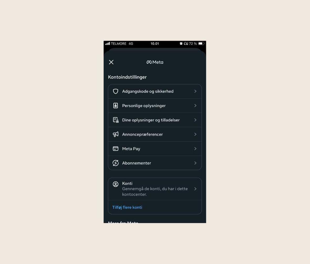 Screenshot af indstillinger i Metas app