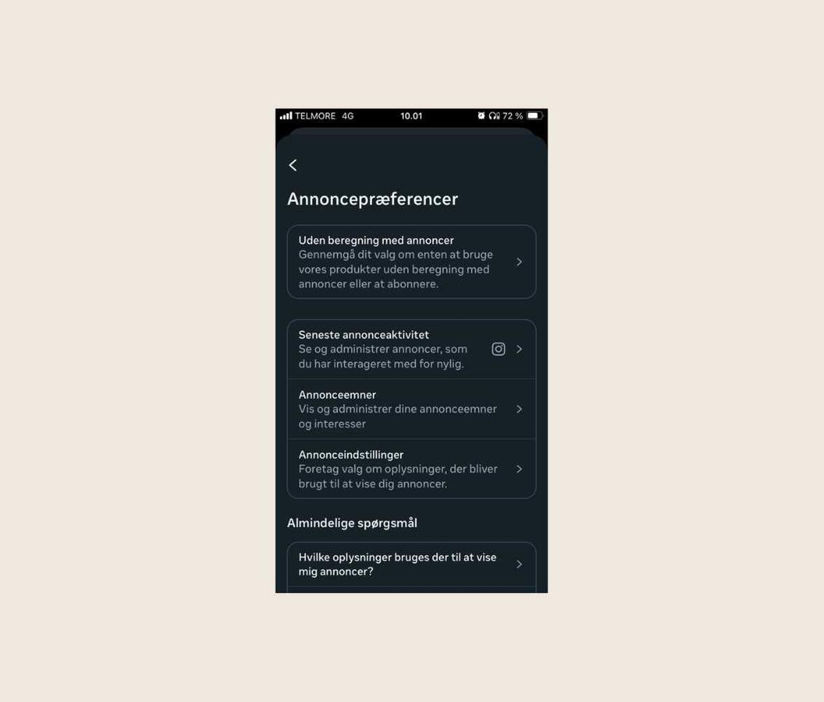 screenshot af indstillinger i Meta app