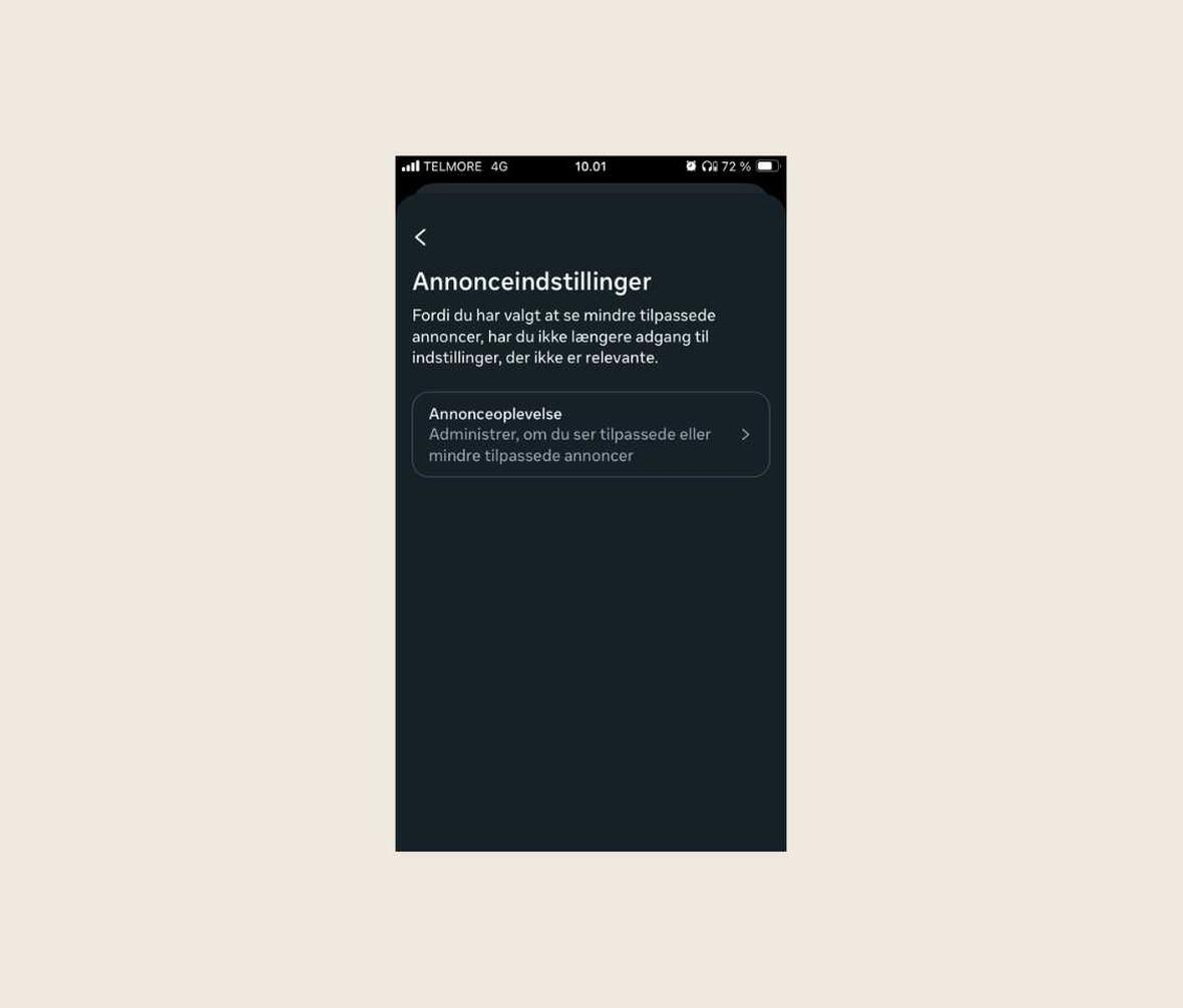 screenshot af indstillinger i Metas app