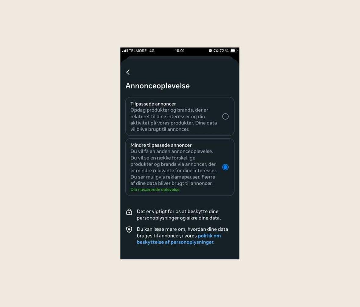 screenshot af indstillinger i Metas app