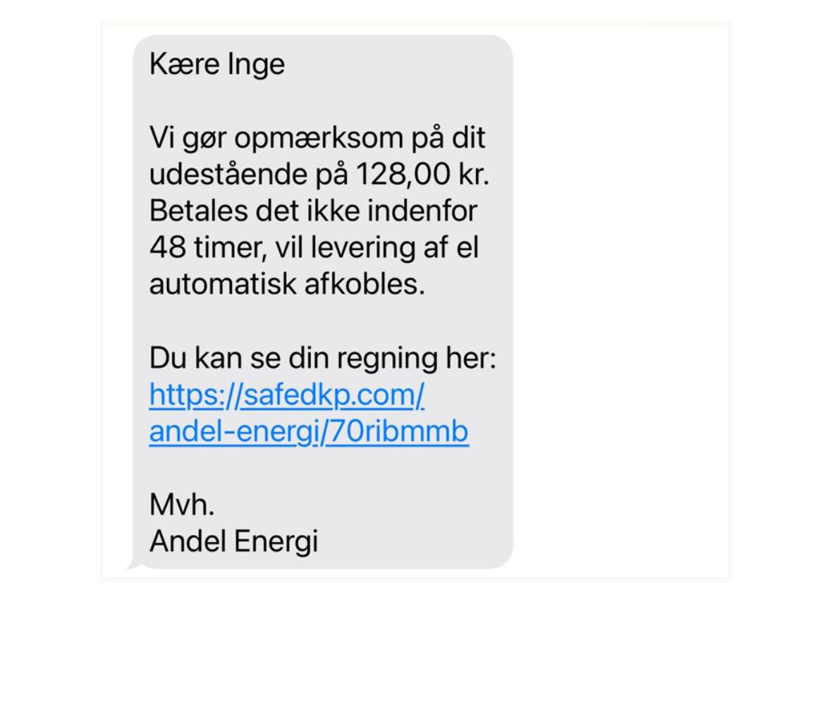 Svindel sms fra Andel Energi om at du skal betale et udestående for at din el ikke afkobles