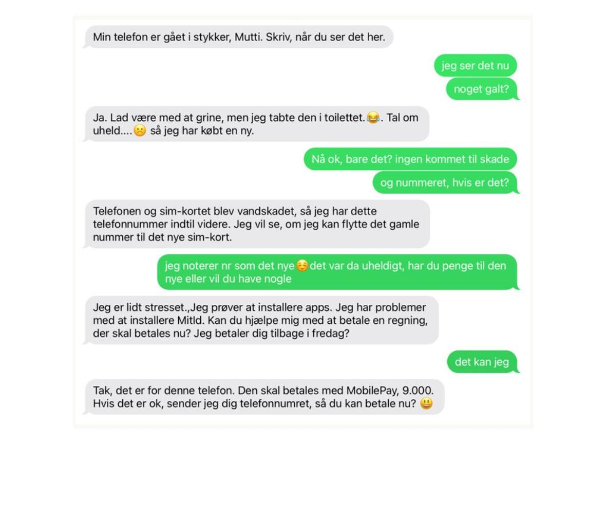 En falsk "hej mor"-sms, hvor barnet beder moderen om at gemme det nye nummer. Svindlerne udnytter morens omsorg ved at skrive, at de er stressede.