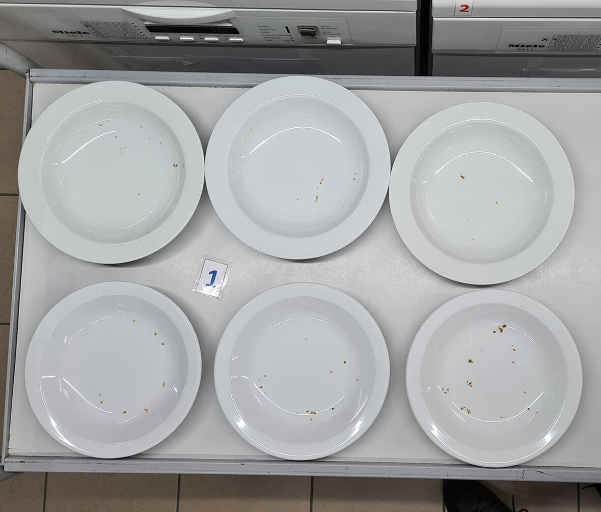 Tallerkener med rester af indtørret havregrød efter test af maskinopvask