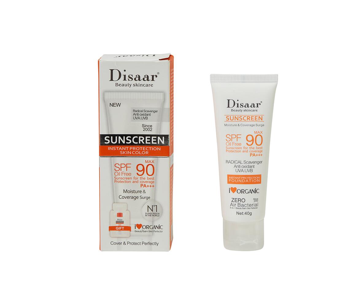 Solcremen ”DISAAR sunscreen instant protection skin color” købt på AliExpress