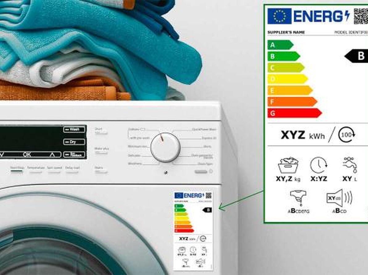 Vaskemaskine hvor der er zoomet ind på energimærkningen