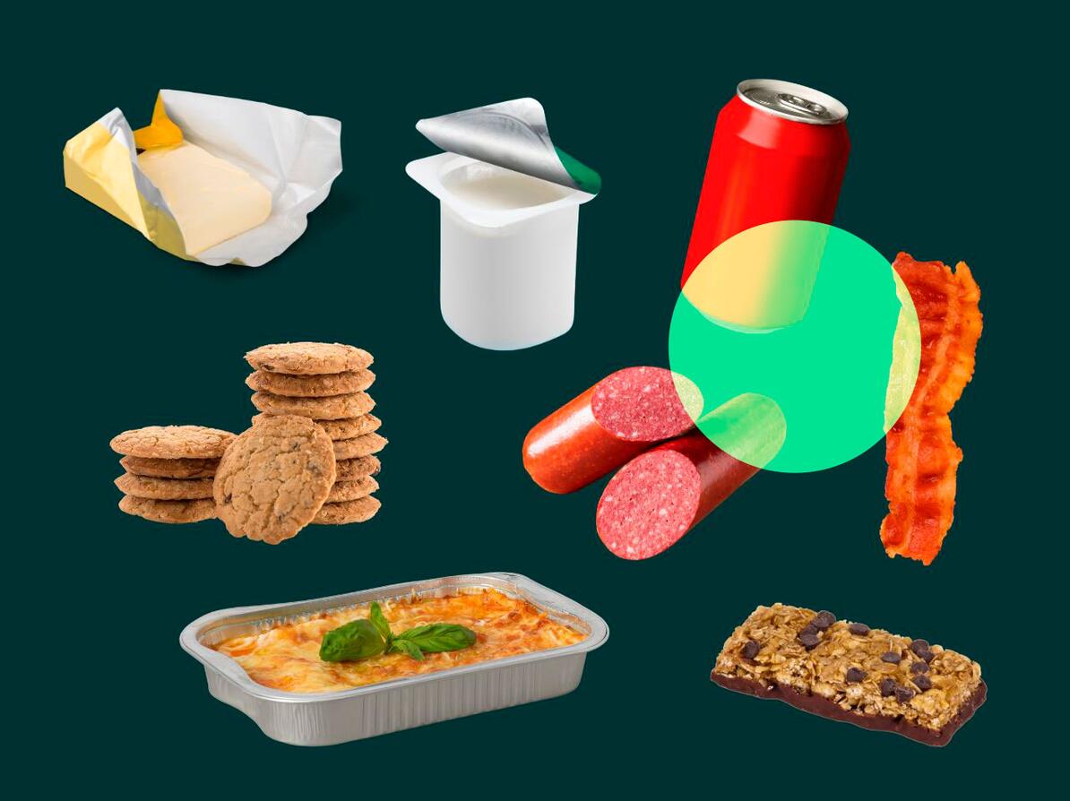 Ultraforarbejdede fødevarer som færdigretter, margarine, yoghurt, sodavand, bacon, spegepølse, kiks og muslibarer.