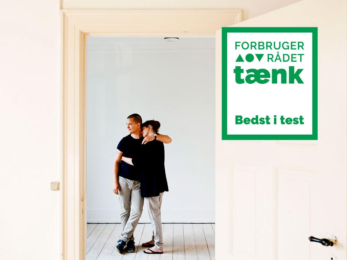 Dette realkreditlån er Bedst i Test - logo og par i nyt hjem