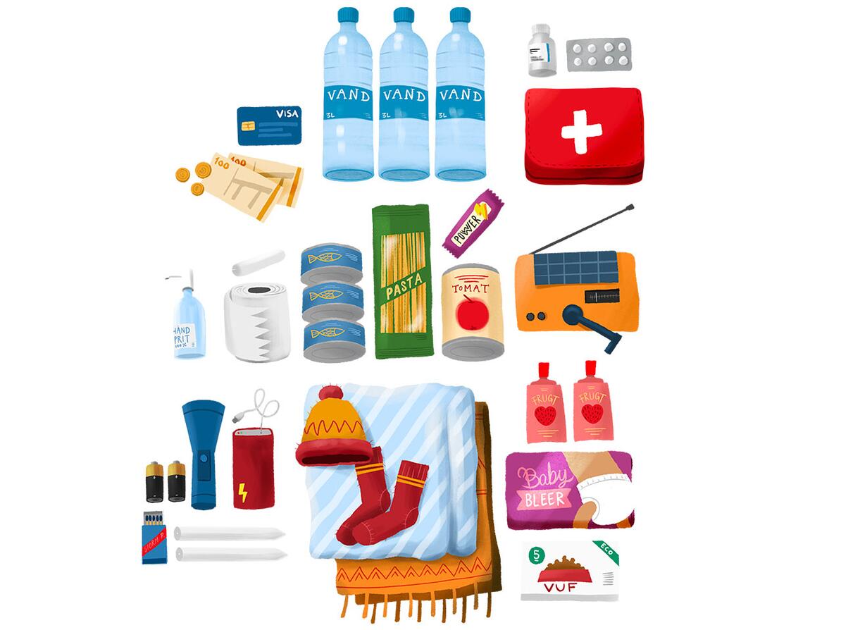 prepping af vand, tæpper, radio , kontanter, medicin, visakort, mad, hygiejne. støm og lys