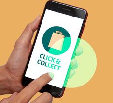 Hånd med mobil med teksten Click and collect onlineshopping