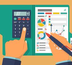 illustration af hænder med lommeregner og papir med grafer