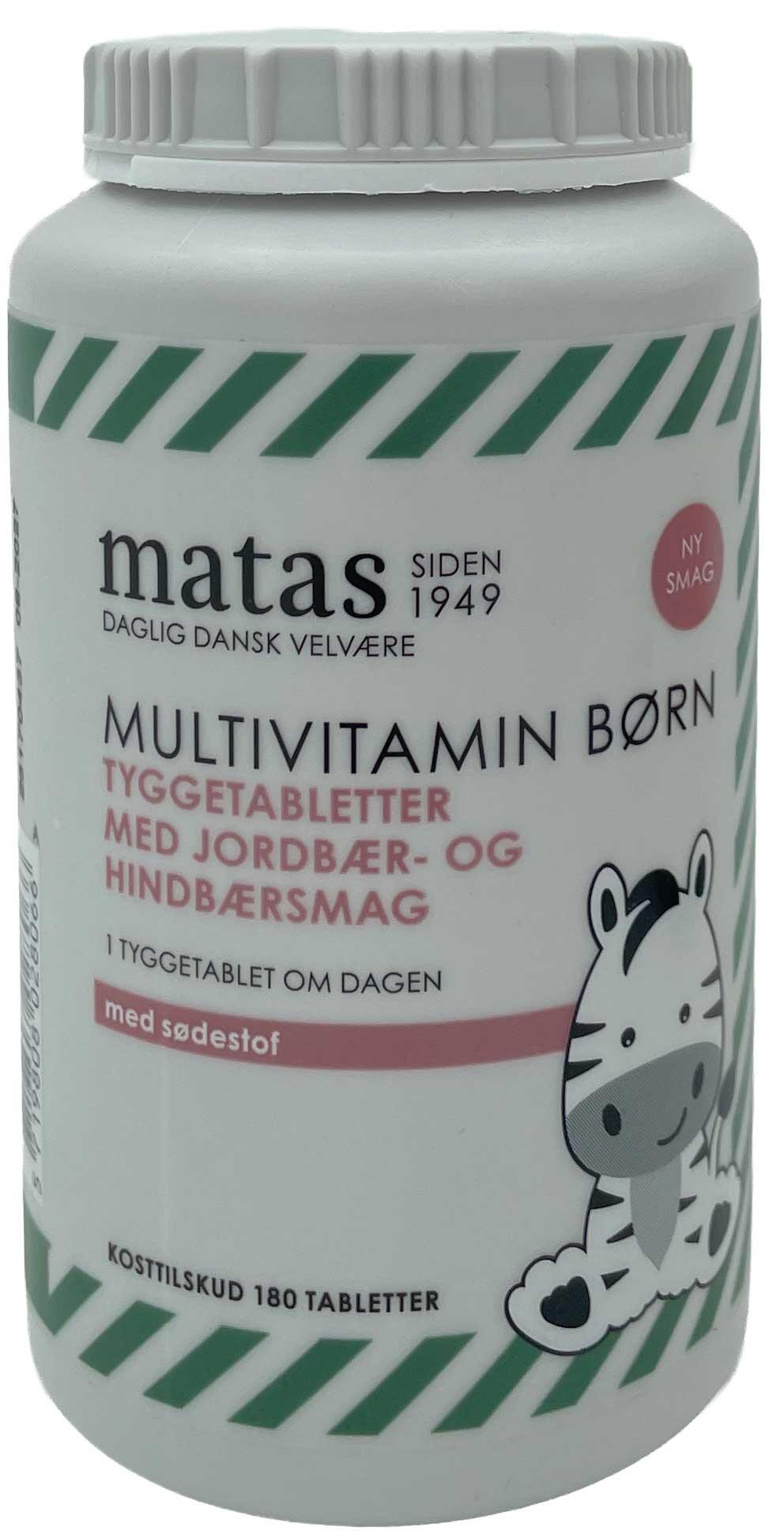 Multivitamin børn tyggetabletter med jordbær- og hindbærsmag med sødestof Matas