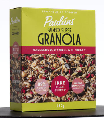 Paulúns Palæo super granola hasselnød, mandler og hindbær