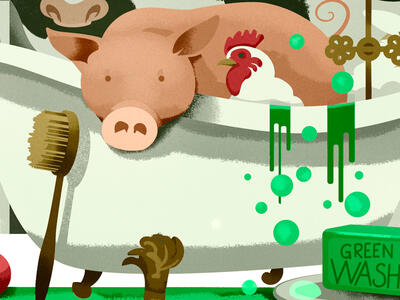 grafik af en gris og høne i et badekar med grøn sæbe