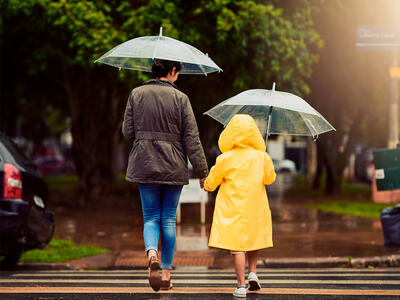 Voksen og barn går i regn med paraplyer