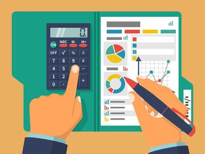 illustration af hænder med lommeregner og papir med grafer